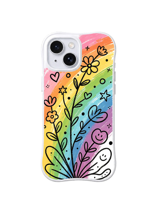 Rainbow Joy Garden: Black-outlined flowers, hearts, stars and smiling faces rise through diagonal rainbow bands.