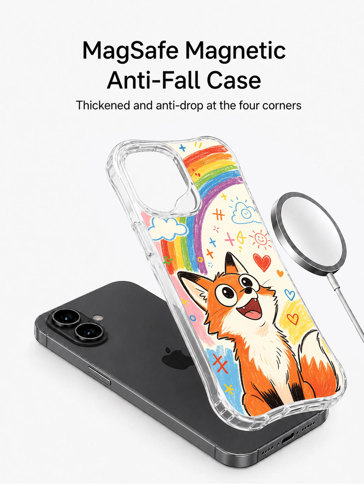 Rainbow Fox iPhone 16 Plus case detail view