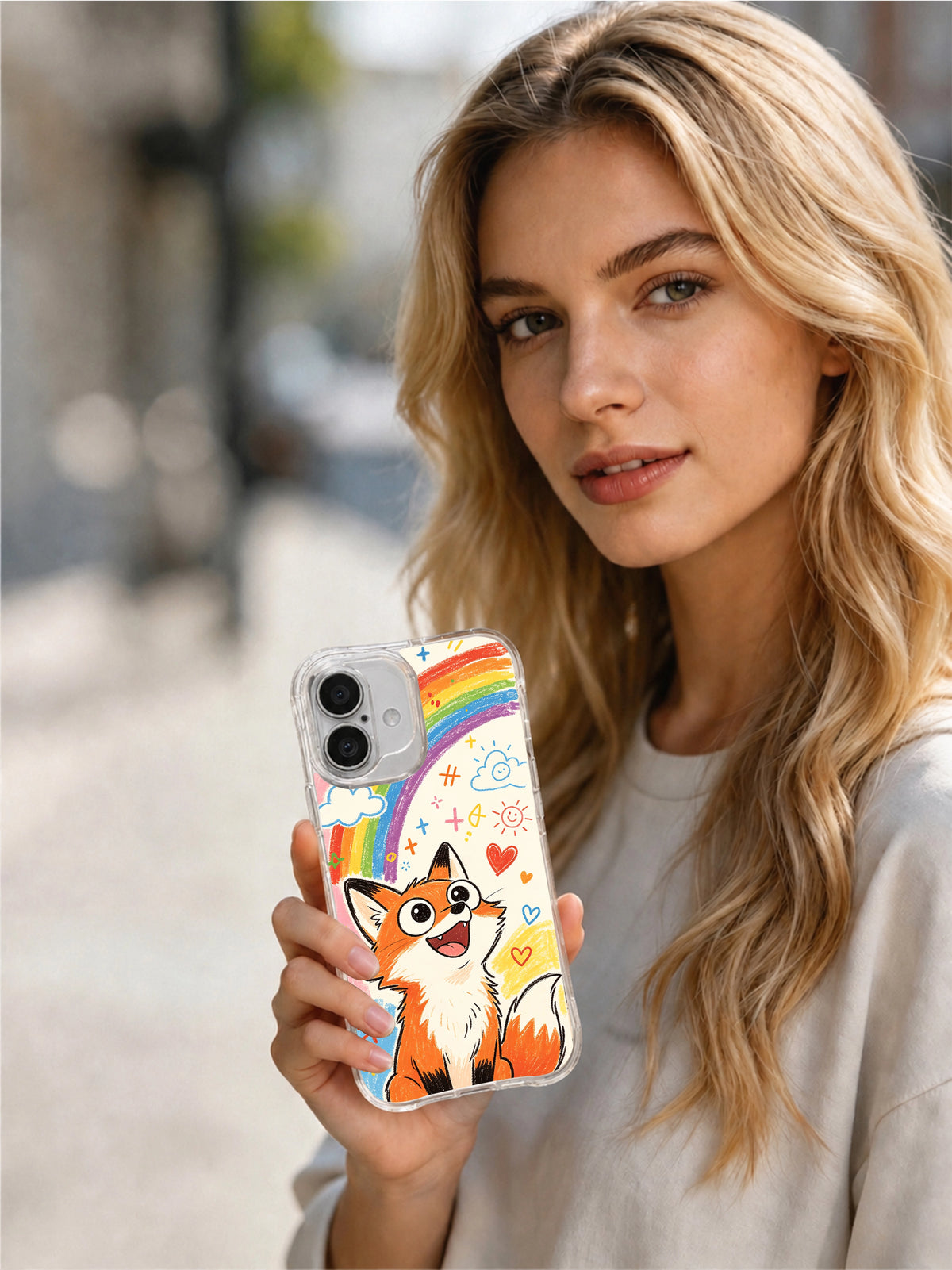 Rainbow Fox iPhone 16 Plus case product presentation