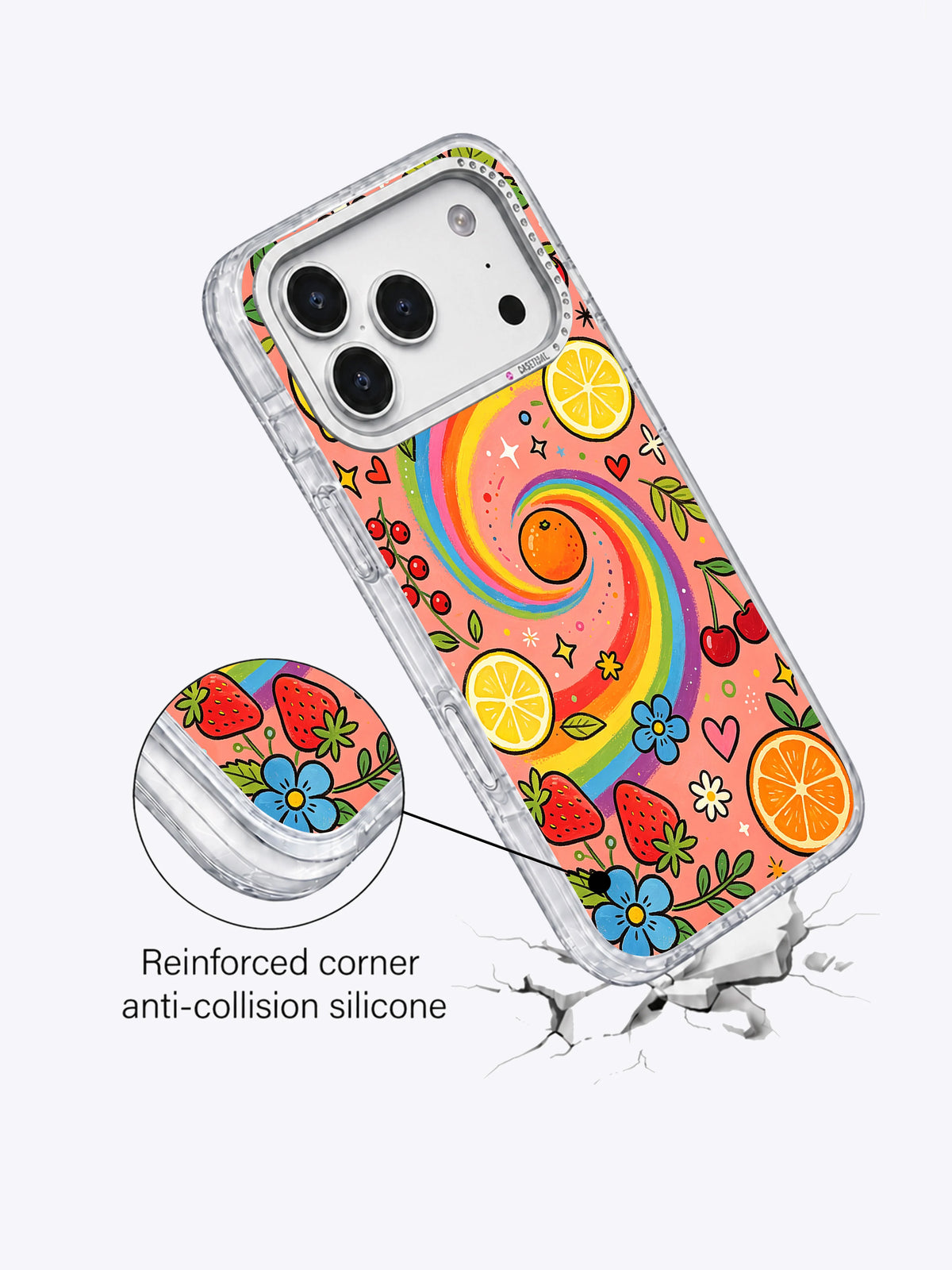 Rainbow Fruit Universe rhinestone camera frame detail