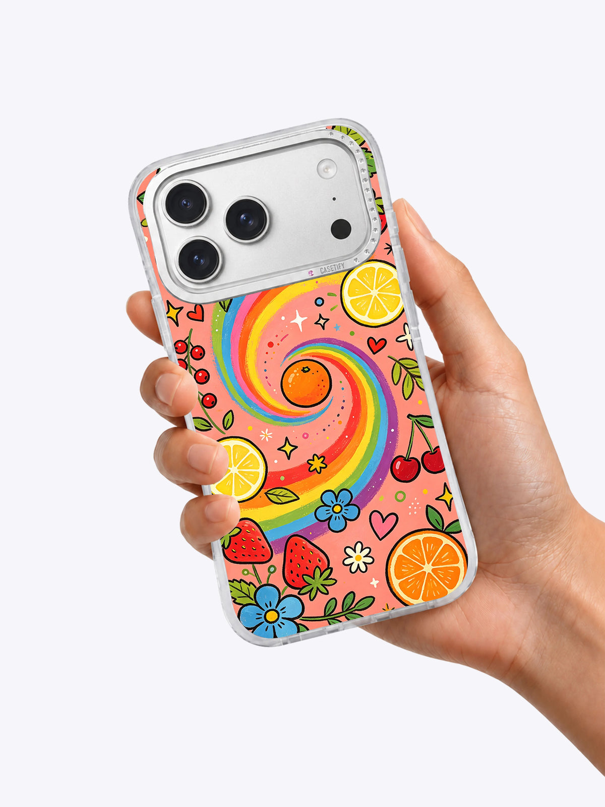 Rainbow Fruit Universe iPhone 17 Pro Max case lifestyle view