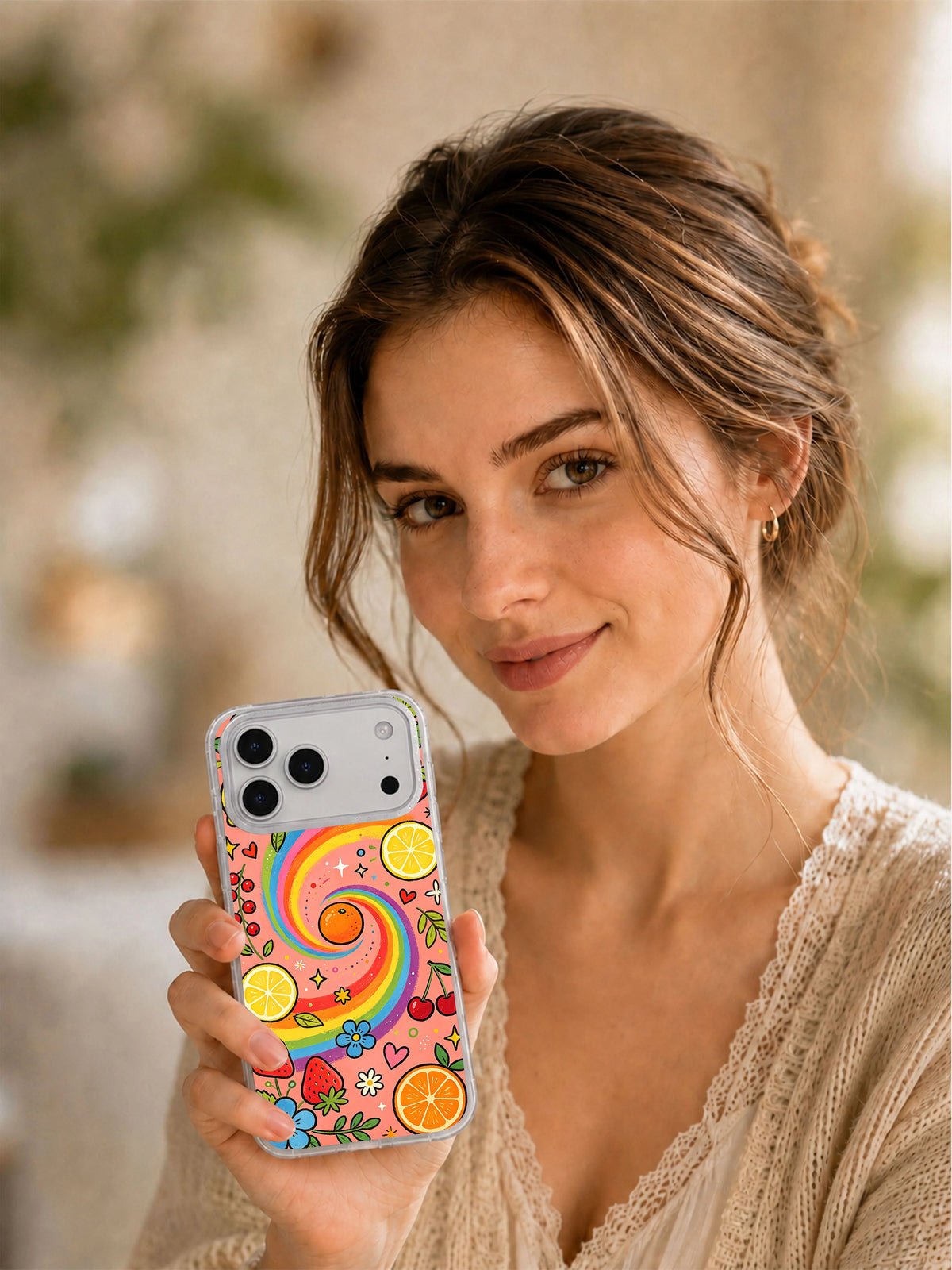 Rainbow Fruit Universe iPhone 17 Pro Max case held in hand