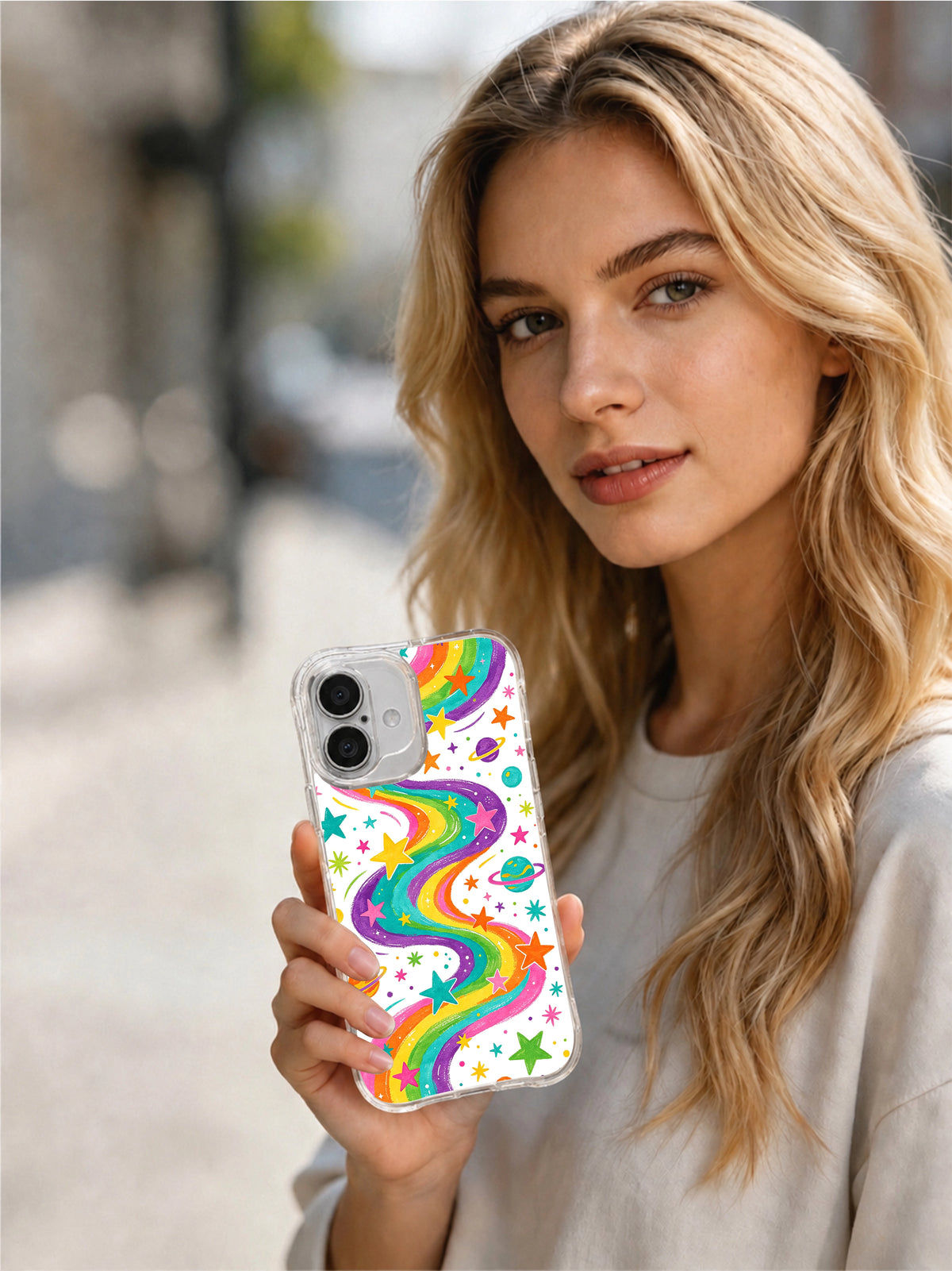 Product or handheld view of the Rainbow Galaxy Playground case