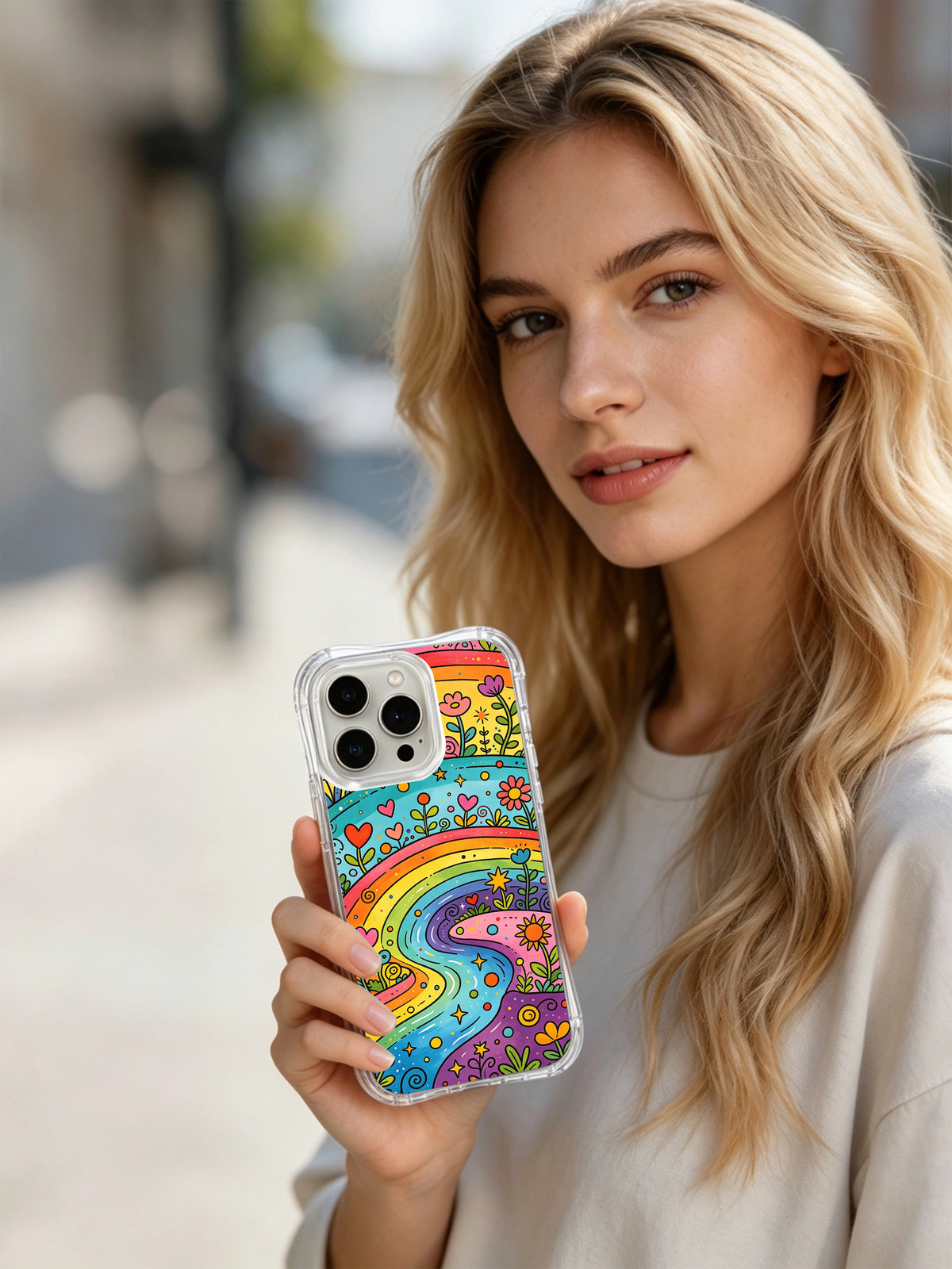 Rainbow Heart River iPhone 14 Pro case lifestyle