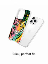 Rainbow Jungle Tiger leaf and dot pattern case beside iPhone 13 Pro Max