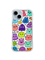 Starburst Mood Sprites: Bright rounded creatures alternate with starburst shapes and tiny flowers on white.
