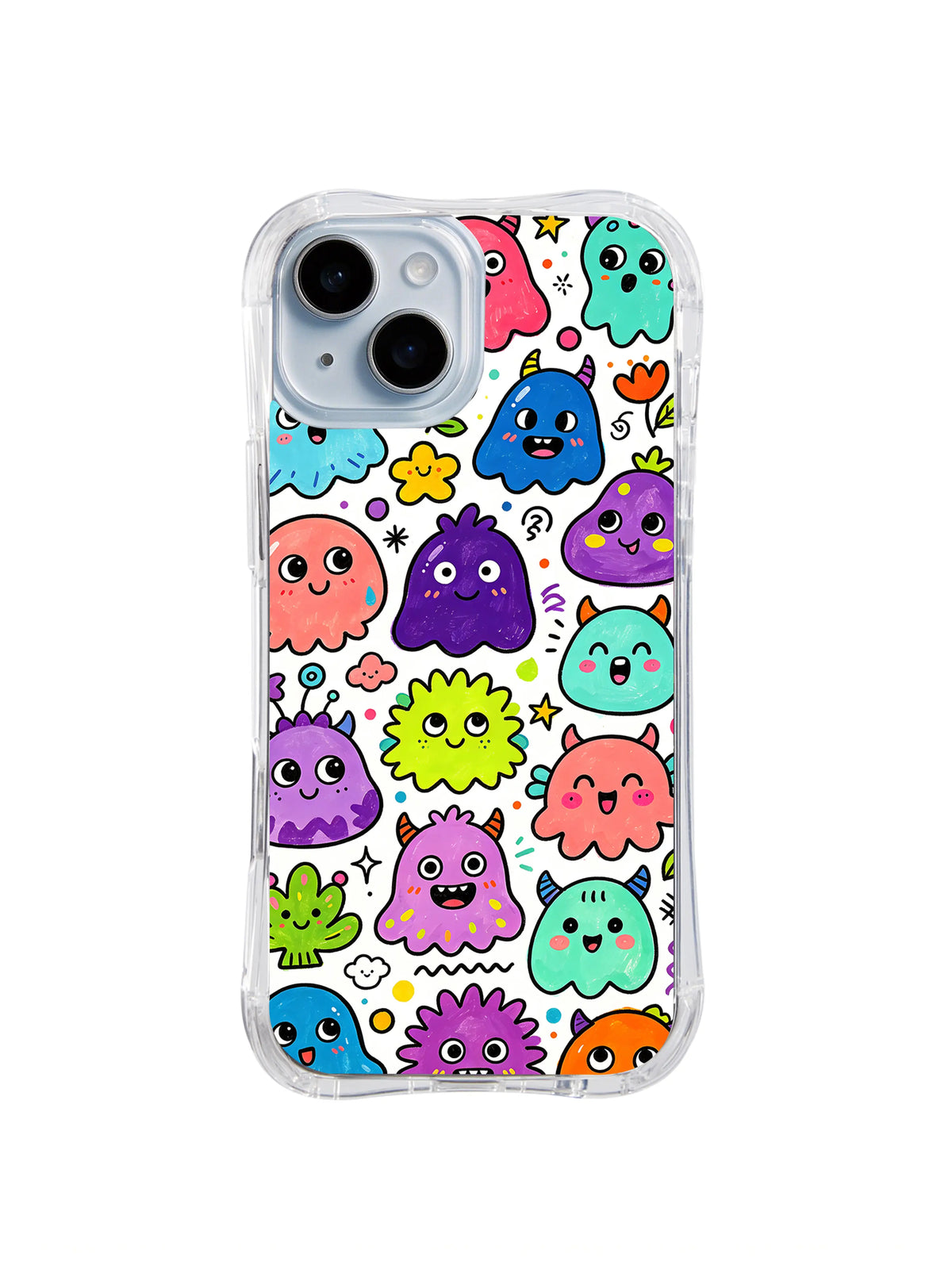 Starburst Mood Sprites: Bright rounded creatures alternate with starburst shapes and tiny flowers on white.