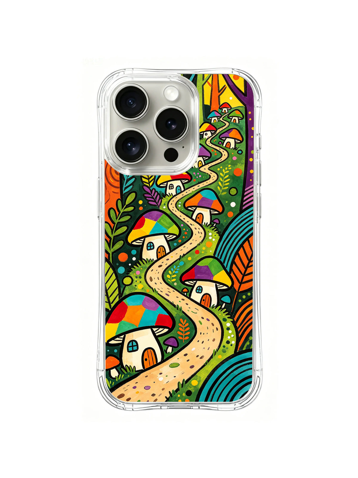 Rainbow Forest Path: A long winding path passes colorful mushroom houses through a dense forest.