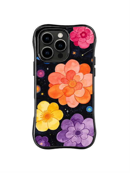 Coral Planet Blooms: Large coral, yellow and purple flowers float with planet-like dots on black.