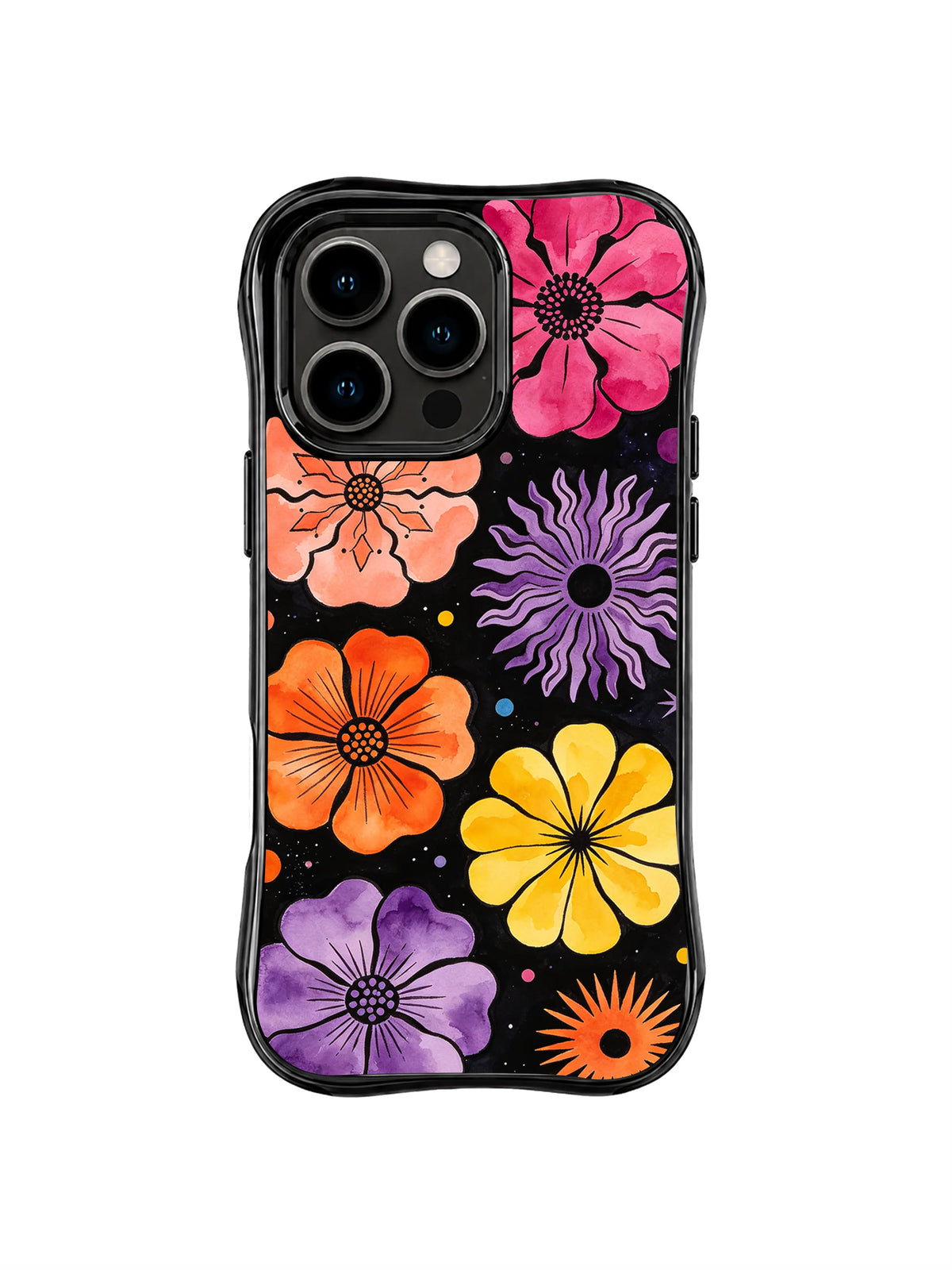 Cosmic Flower Parade: Pink, orange, purple and yellow flowers repeat with small cosmic marks.