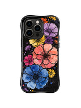 Midnight Botanical Cosmos: Large blue, coral and purple blooms cluster with tiny star-like dots.