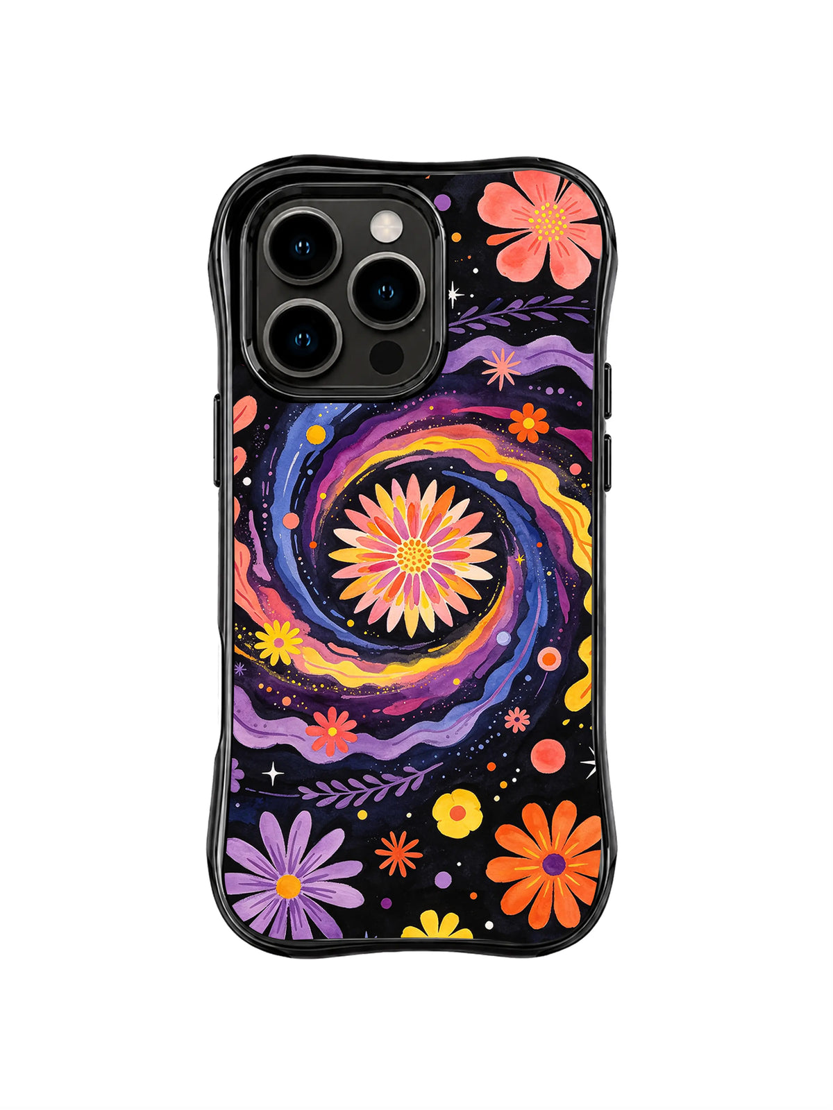 Rainbow Orbit Garden: A spiral flower orbit curls through purple, orange and yellow blooms.