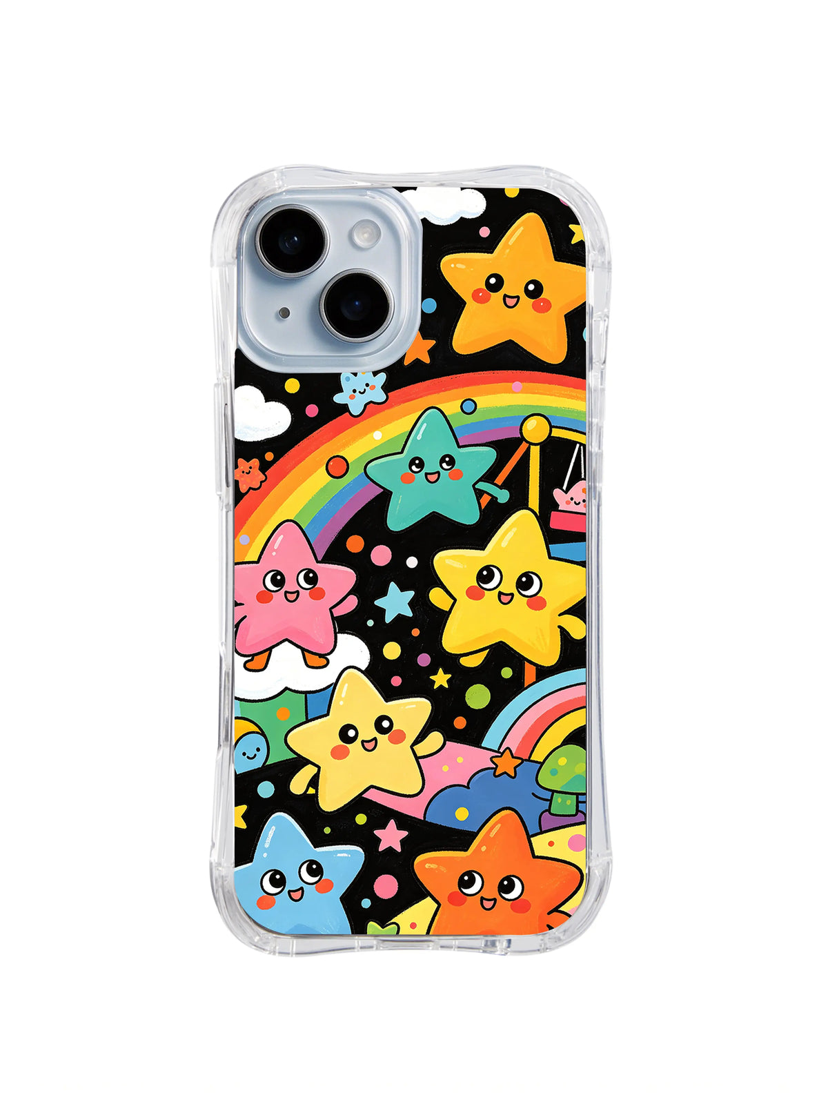 Happy Rainbow Star Friends: Colorful smiling stars float among rainbows, clouds and small sparkles.