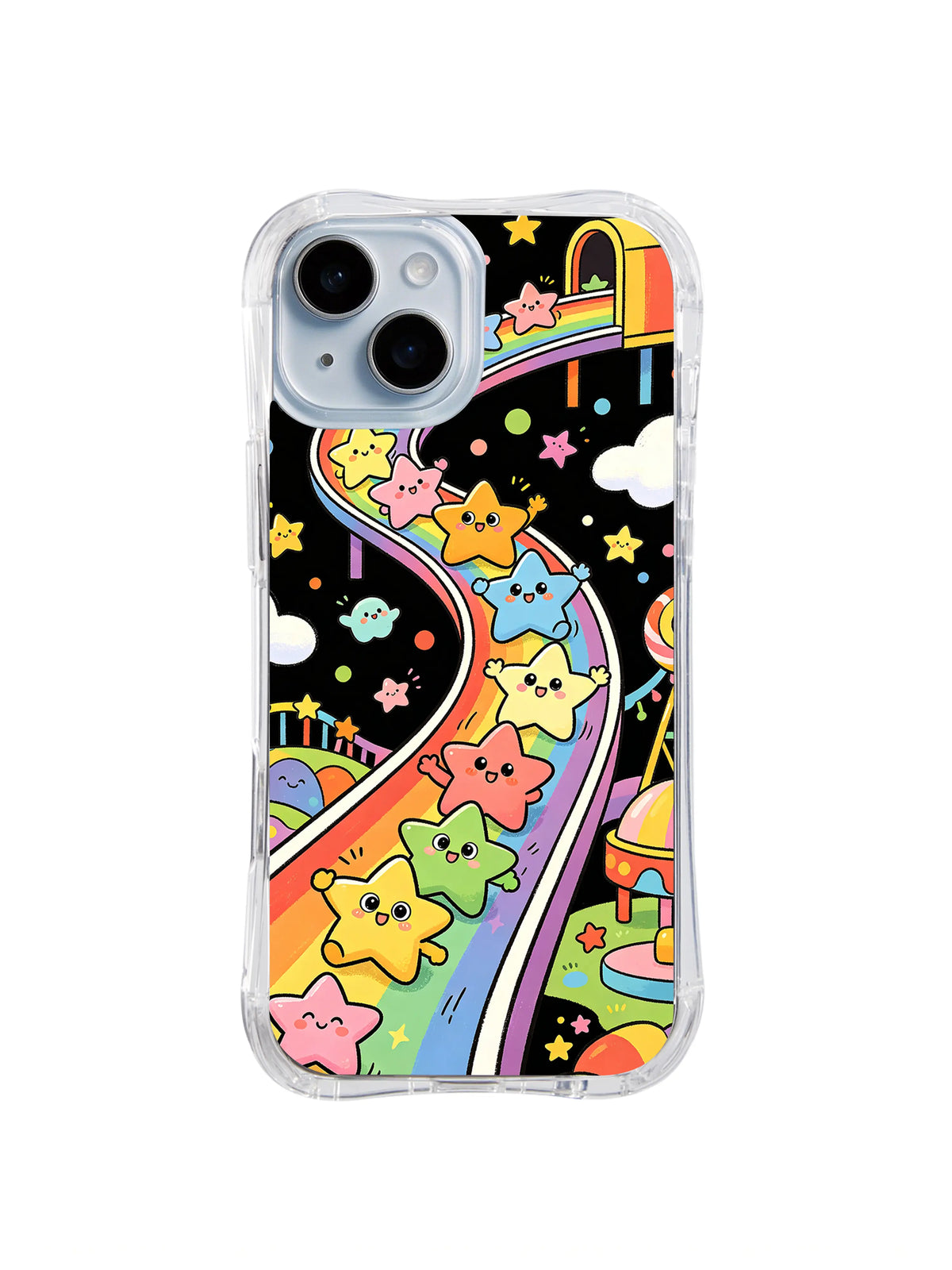 Rainbow Slide Adventure: Colorful stars slide along winding rainbow tracks beneath clouds.