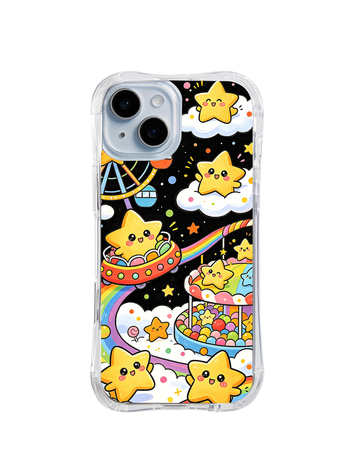 Rainbow Star Carnival: Smiling stars ride carnival attractions among clouds, rainbows and candy.
