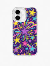 Cosmic Starburst Bloom: A central purple starburst radiates through layered neon stars and rainbow lines.