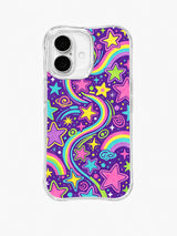 Rainbow Ribbon Stars: Large multicolor stars repeat with rainbow ribbons, moons and tiny cosmic marks.