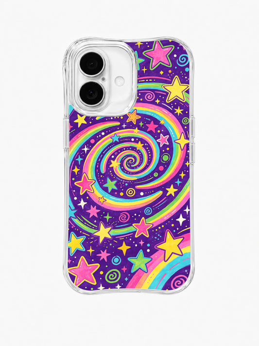 Stardust Spiral Garden: A neon spiral galaxy sits among rainbow stars, planets and dotted cosmic lines.
