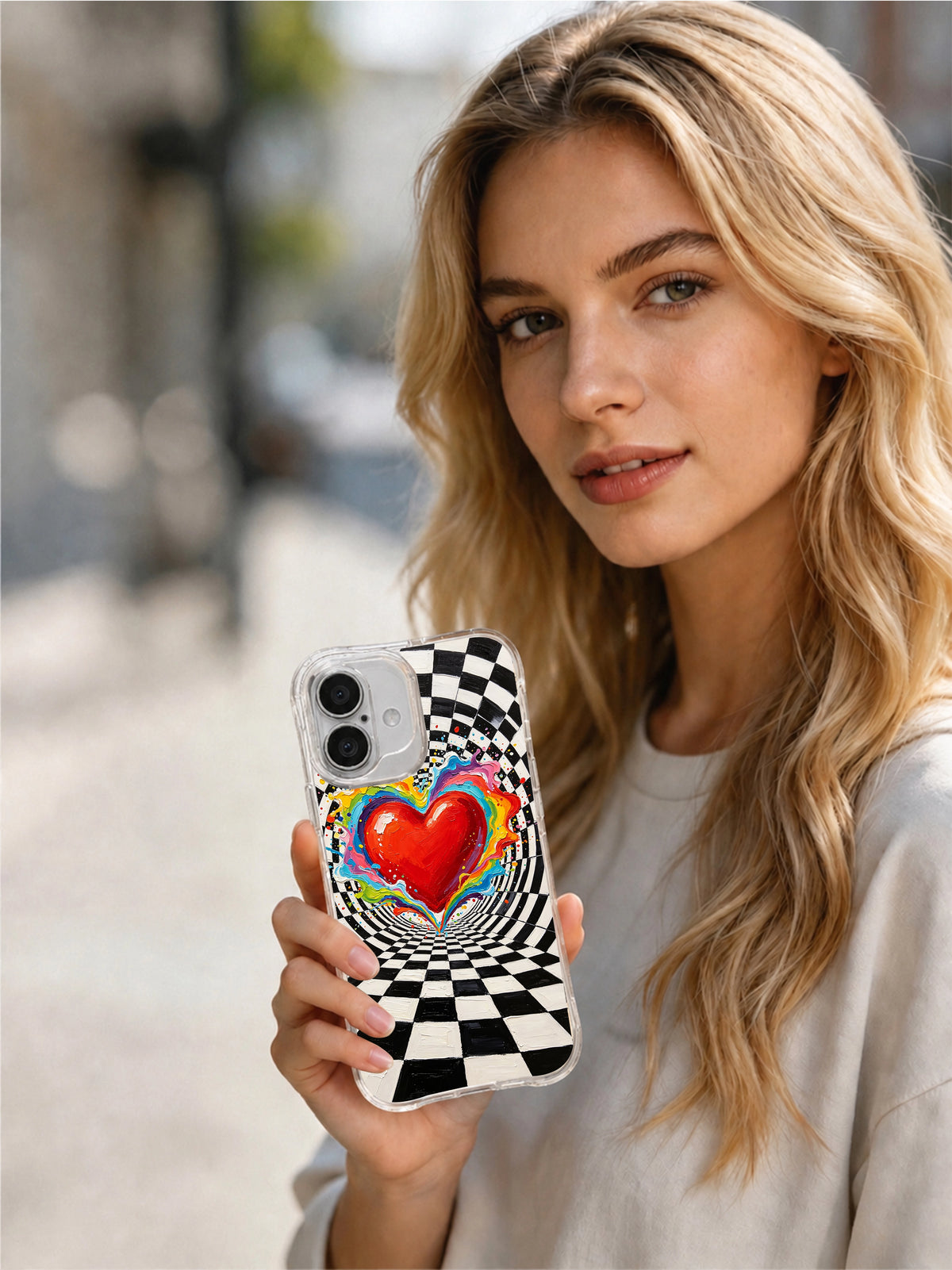 Rainbow Storm Heart iPhone 16 Plus case lifestyle view