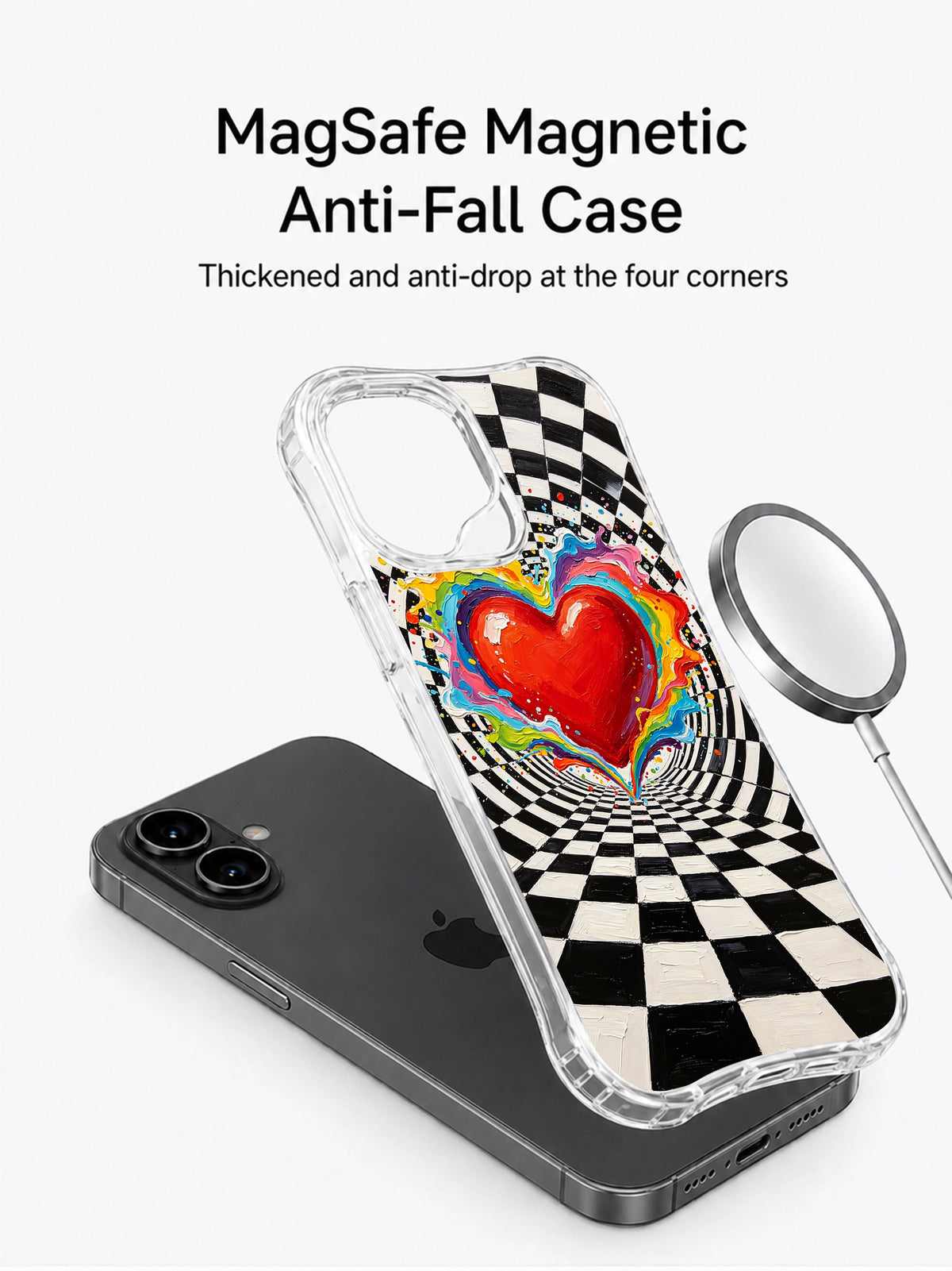 Rainbow Storm Heart iPhone 16 Plus case magnetic charging view