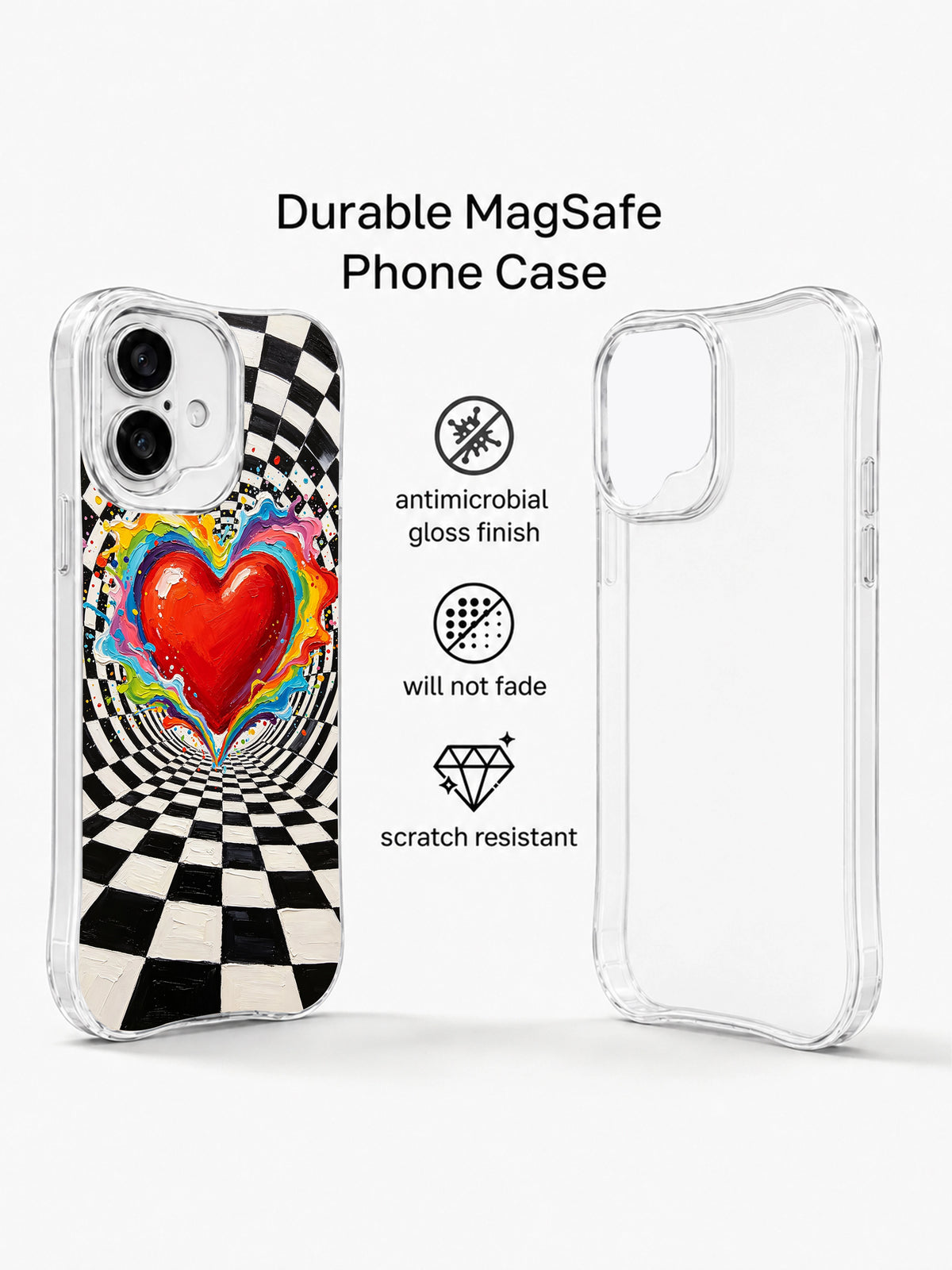 Rainbow Storm Heart iPhone 16 Plus case clear MagSafe construction
