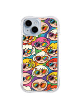 Colorful Character Crowd: Cartoon faces with varied hair and rainbow sunglasses overlap on a peach field.