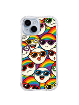 Rainbow Arc Face Parade: Large white cartoon faces in colorful sunglasses alternate with bold rainbow arcs.