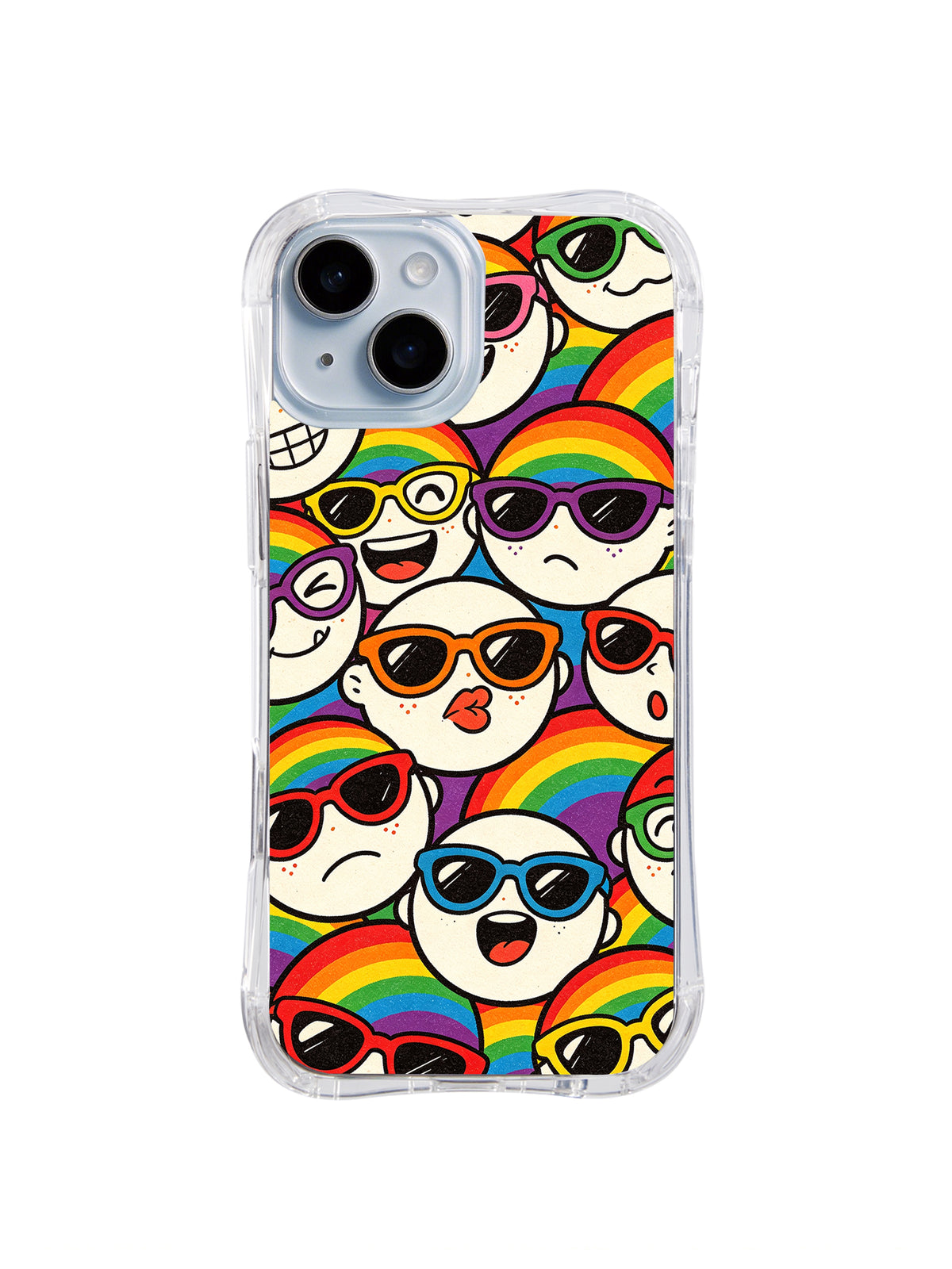 Rainbow Arc Face Parade: Large white cartoon faces in colorful sunglasses alternate with bold rainbow arcs.