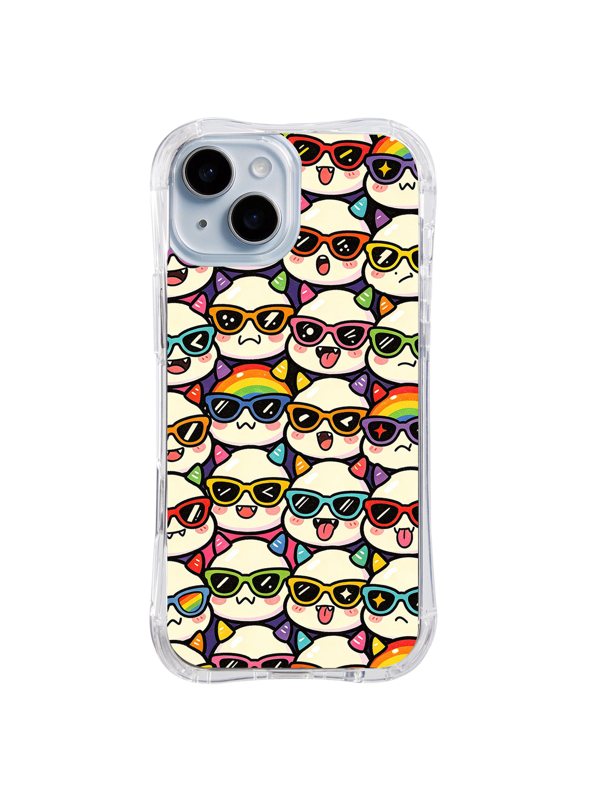 Mini Spectrum Shades Repeat: Small white faces in multicolor sunglasses form a dense repeat on cream.