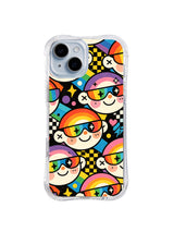 Checkerboard Rainbow Crew: Rainbow-haired faces mix with black-yellow checks, stars, hearts and geometric panels.