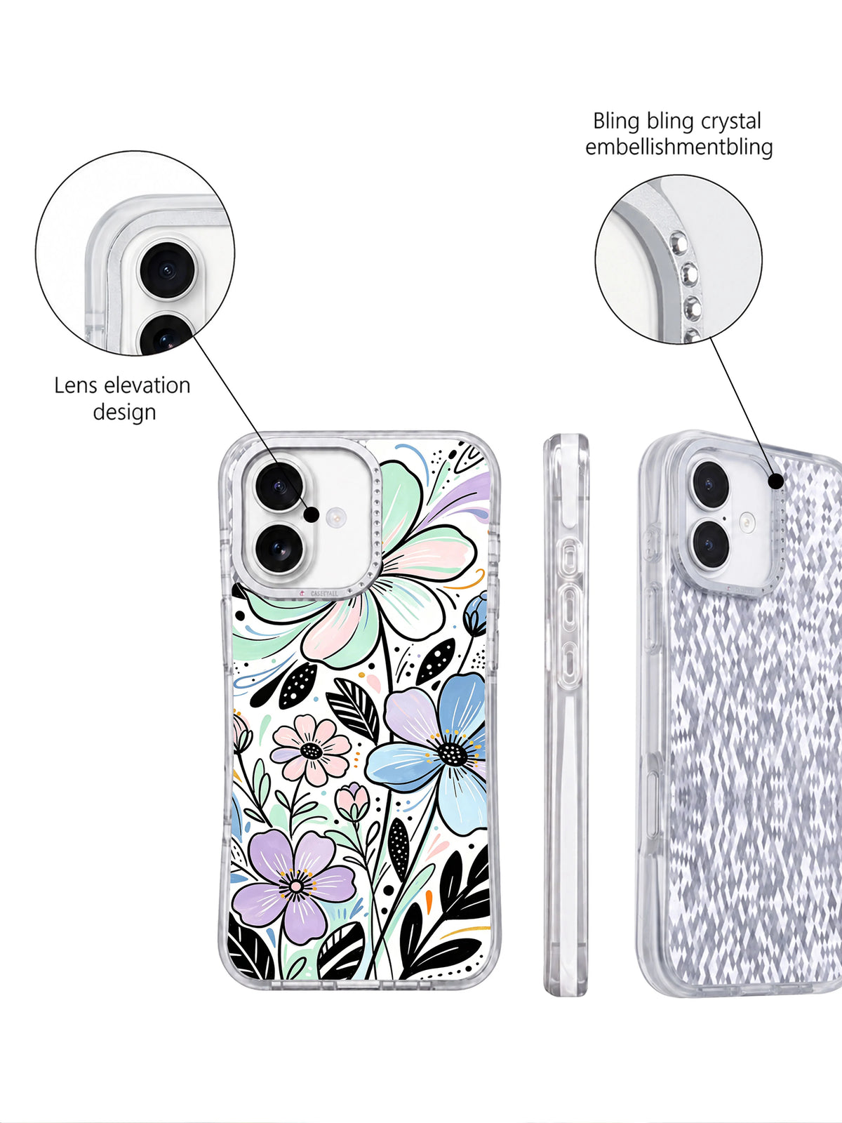 Rhinestone camera frame floral iPhone 17 case detail