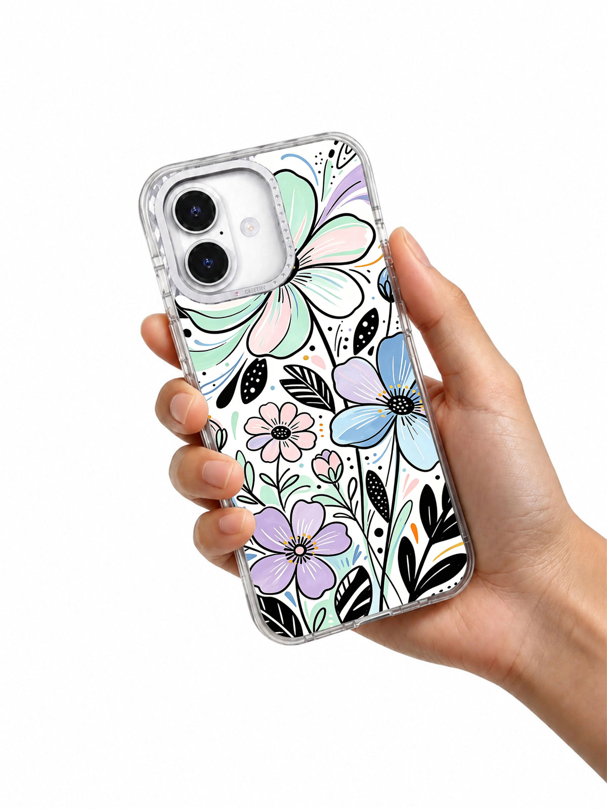 Rainwashed floral art iPhone 17 case held in hand