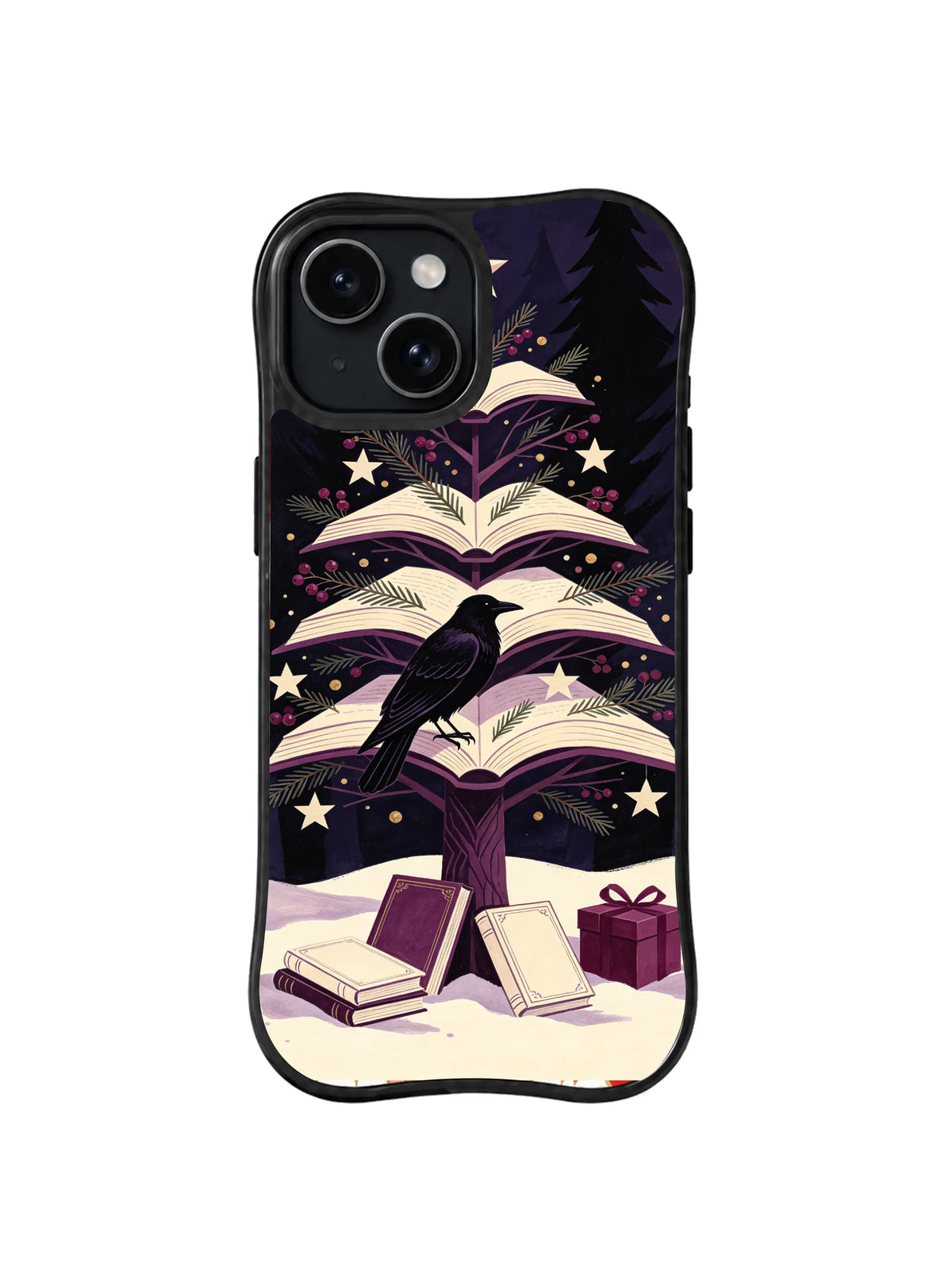 Plum-black raven on a layered Christmas book tree iPhone 14 case, pattern one