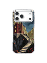 Autumn Raven Library phone case pattern with crimson leaves and a stair climbing the dark cliff