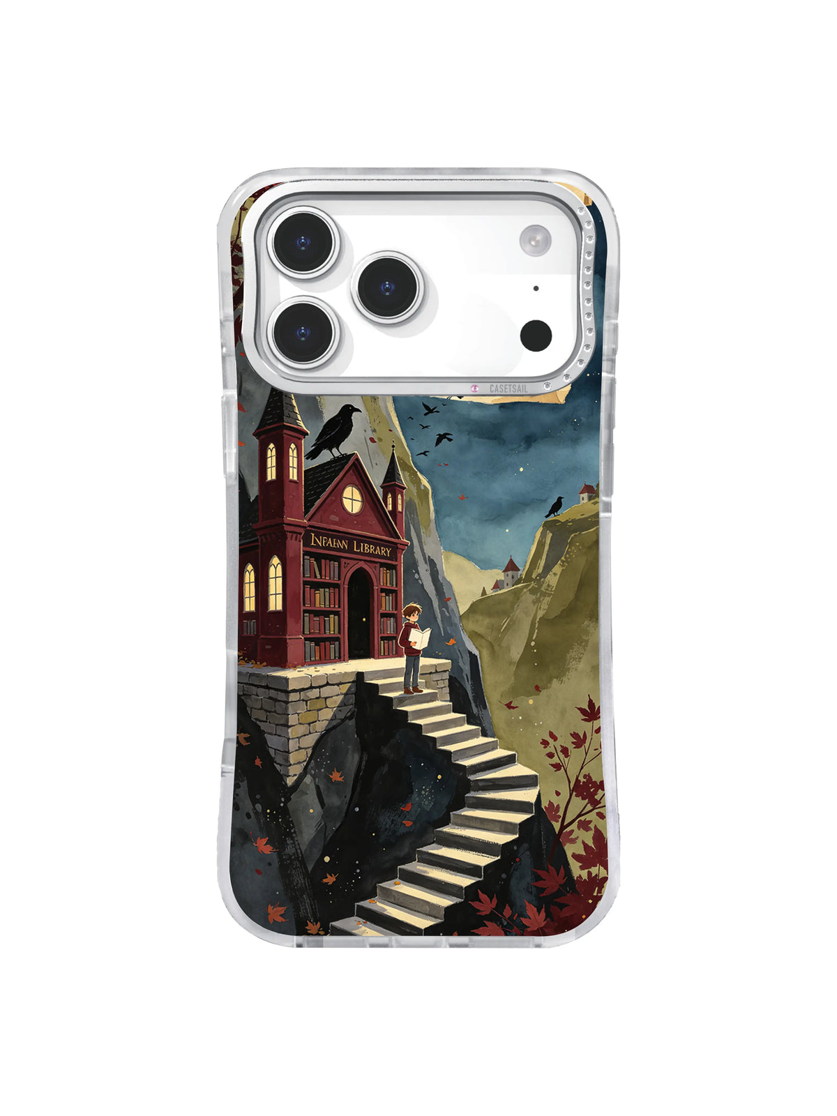 Moonlit Raven Library iPhone case artwork with cream moon, gothic tower, and black birds