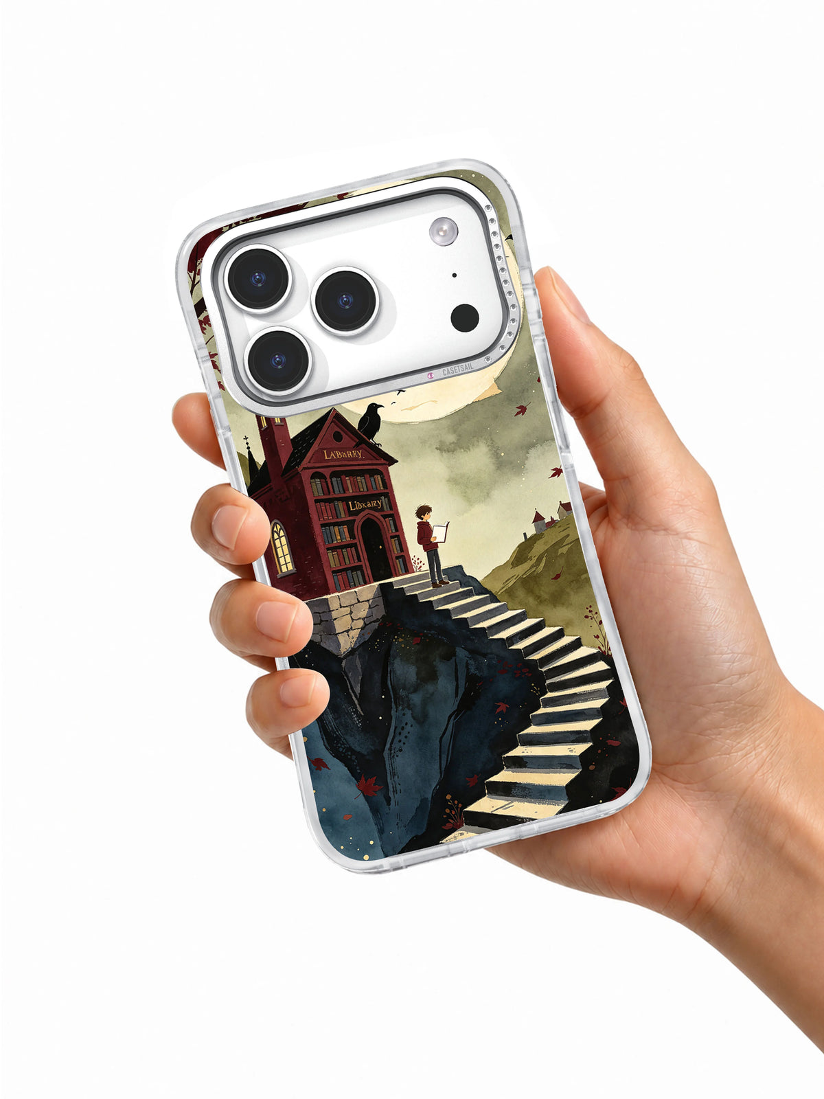 Raven Library on Red Cliff artwork phone case held in hand