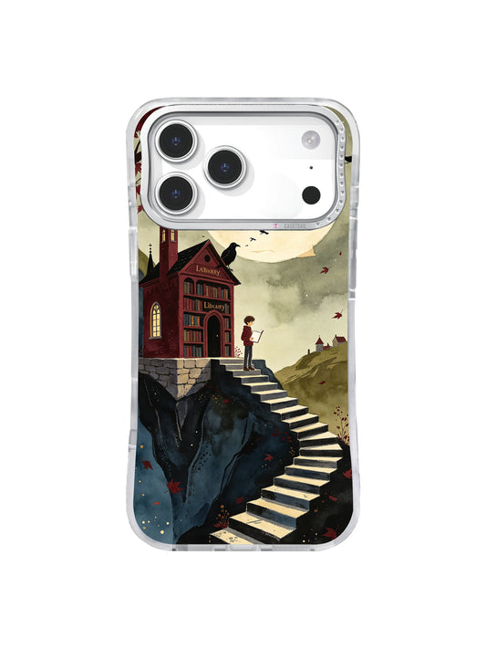 Raven Library on Red Cliff iPhone case with oxblood tower, zigzag stair, and lone reader