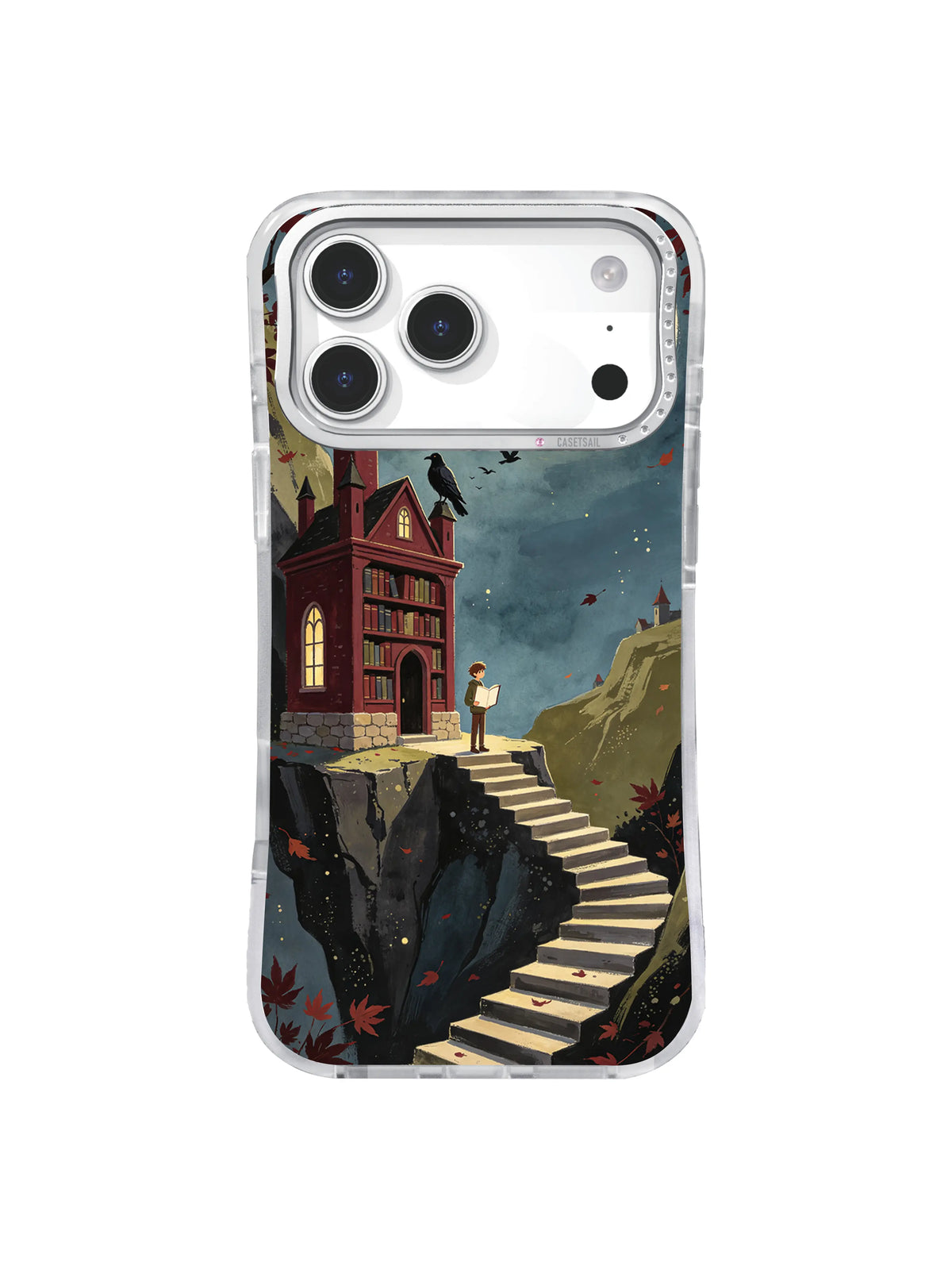 Storm-blue Raven Library iPhone case pattern with red tower, ravens, and cliff stair