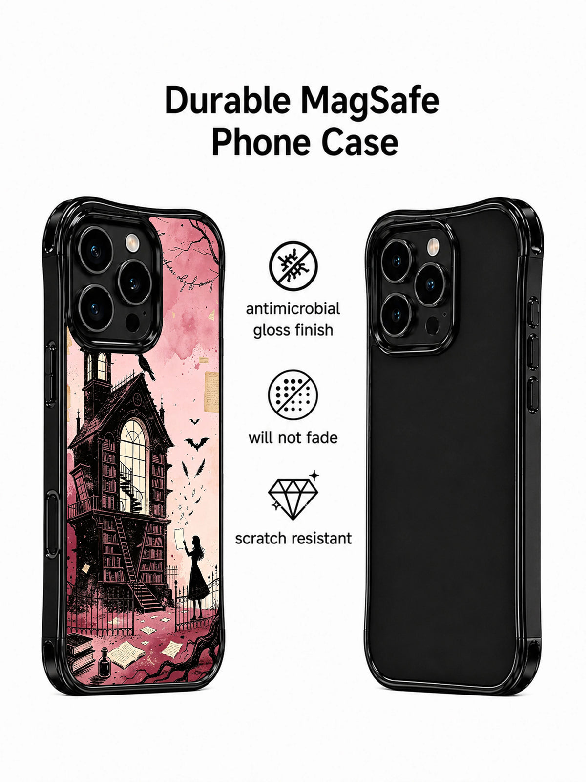 Vesper Rosethorn raven library phone case side profile