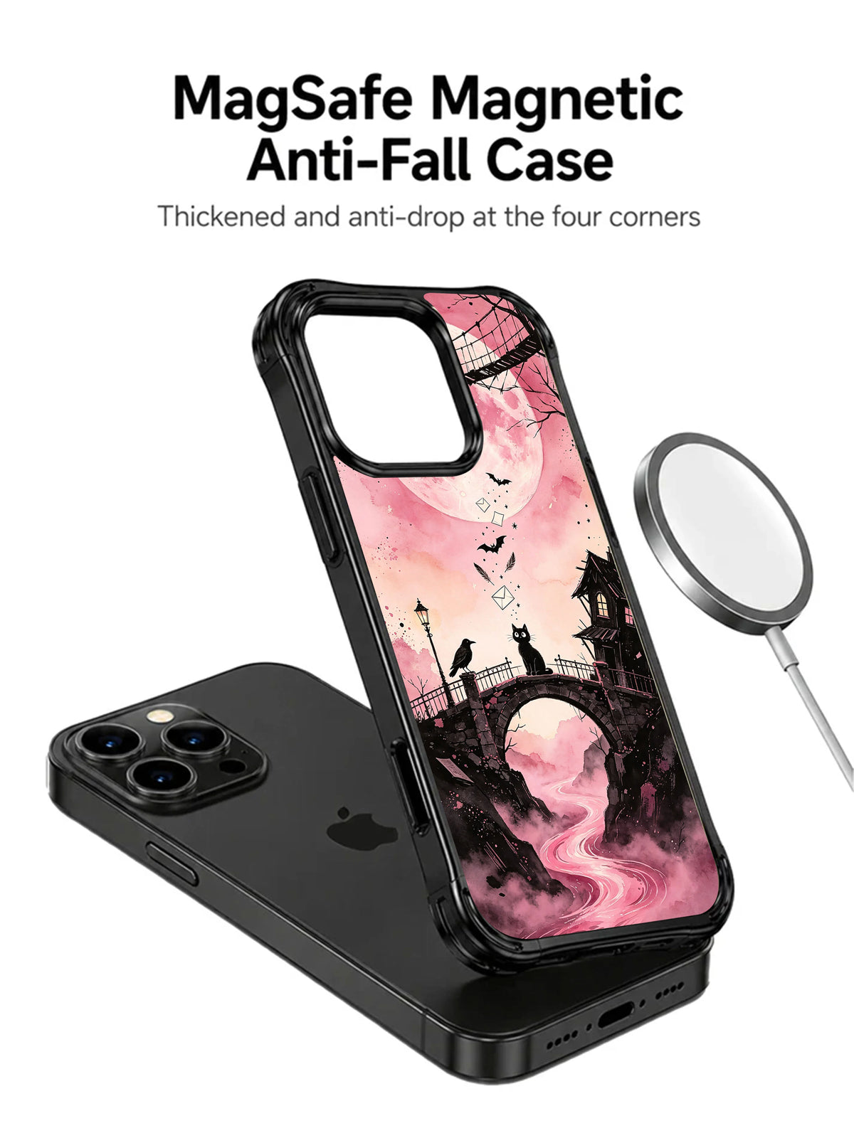 Pink moon raven bridge iPhone 13 Pro case angled view