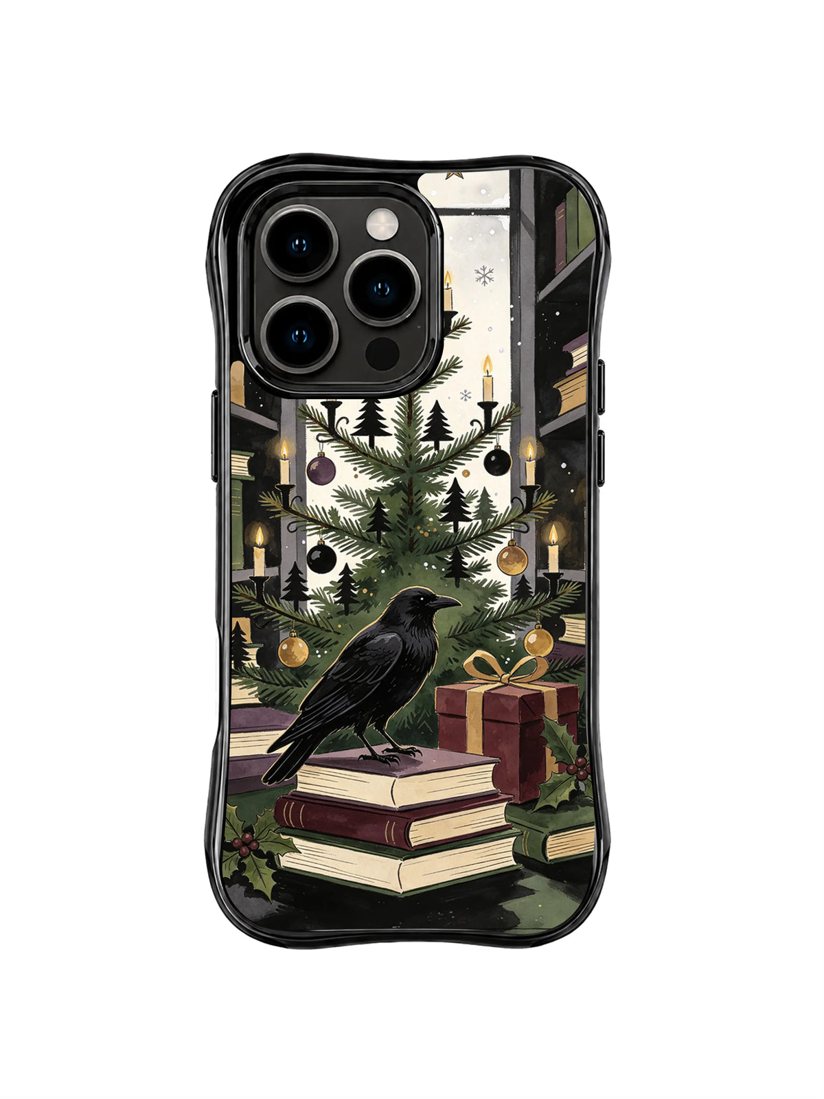 Black raven iPhone 15 Pro case with candle tree, muted gold ornaments and snowy window