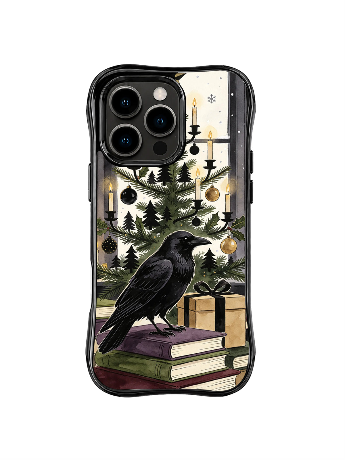 Raven iPhone 15 Pro case with candle evergreen, stacked books, gifts and paper stars