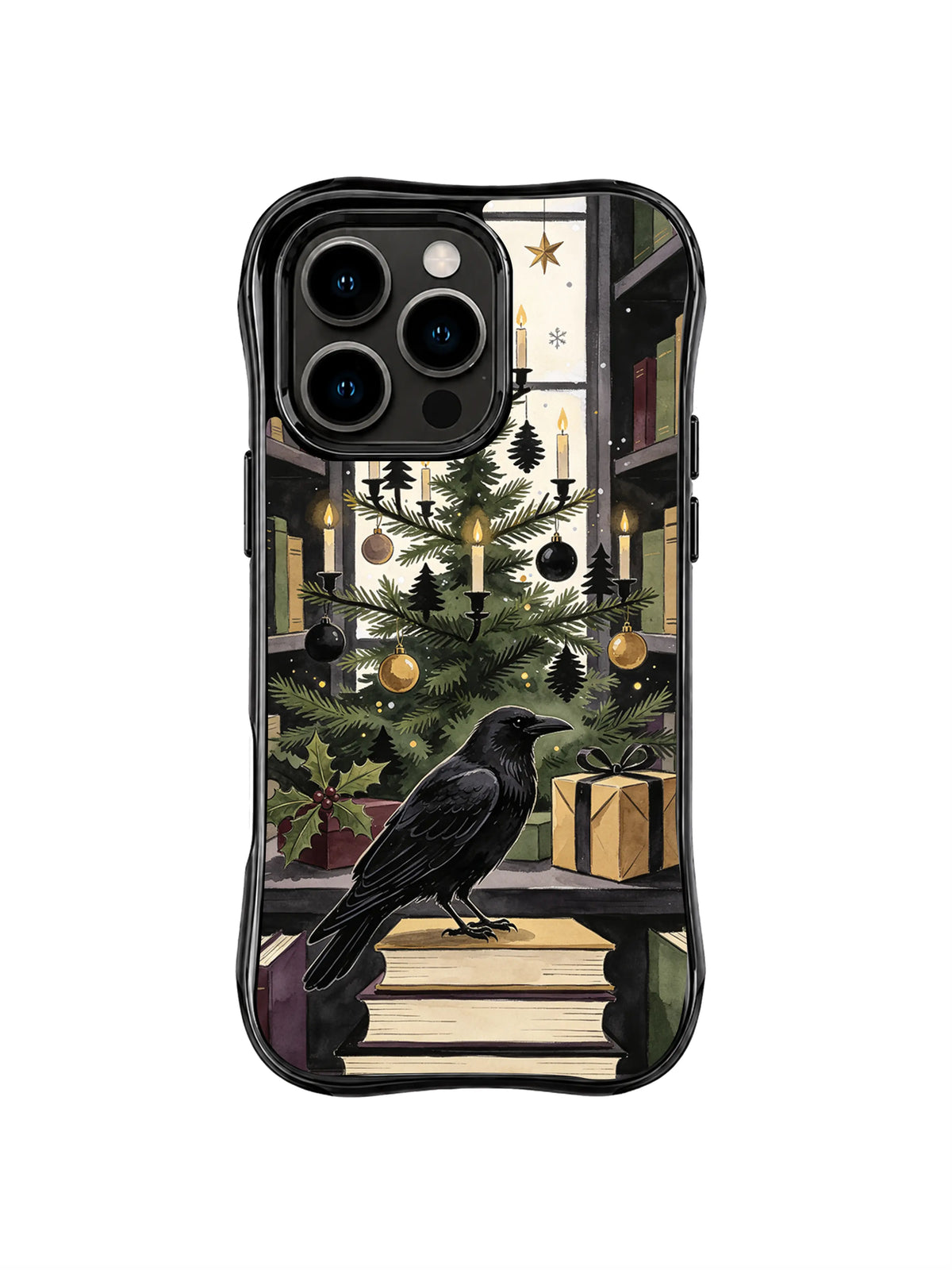 Dark academia iPhone 15 Pro case with raven, moss evergreen and tall library window