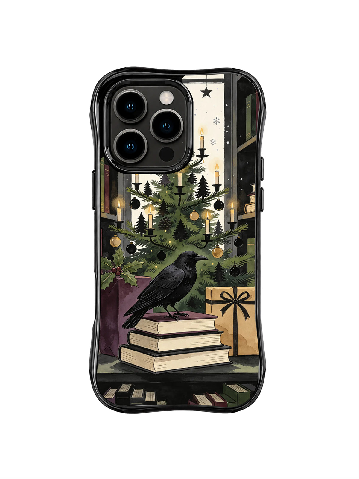 Christmas raven iPhone 15 Pro case with parchment books, holly and candle branches