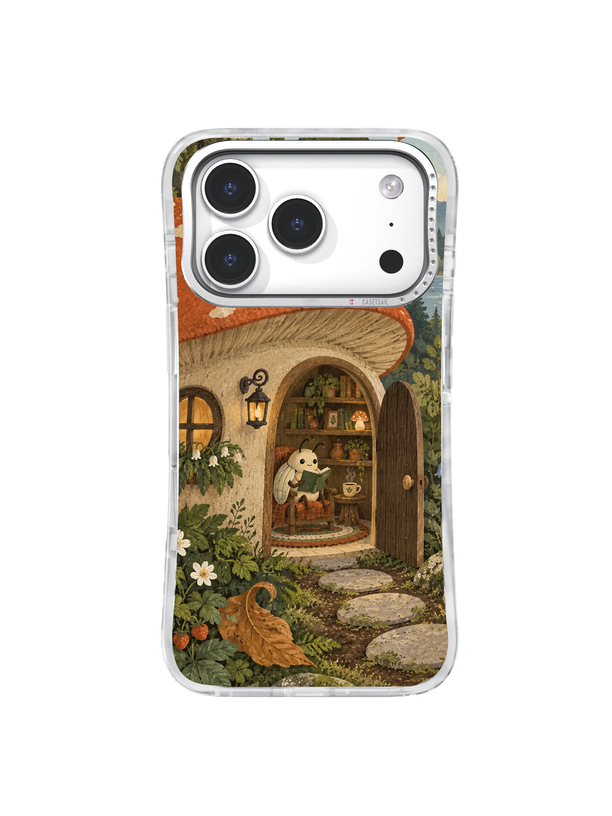 Blue stepping stones leading to a beetle reading room beneath a mushroom cap on an iPhone 17 Pro case