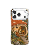 Terracotta mushroom reading house sheltering a cream beetle from rain on an iPhone 17 Pro case