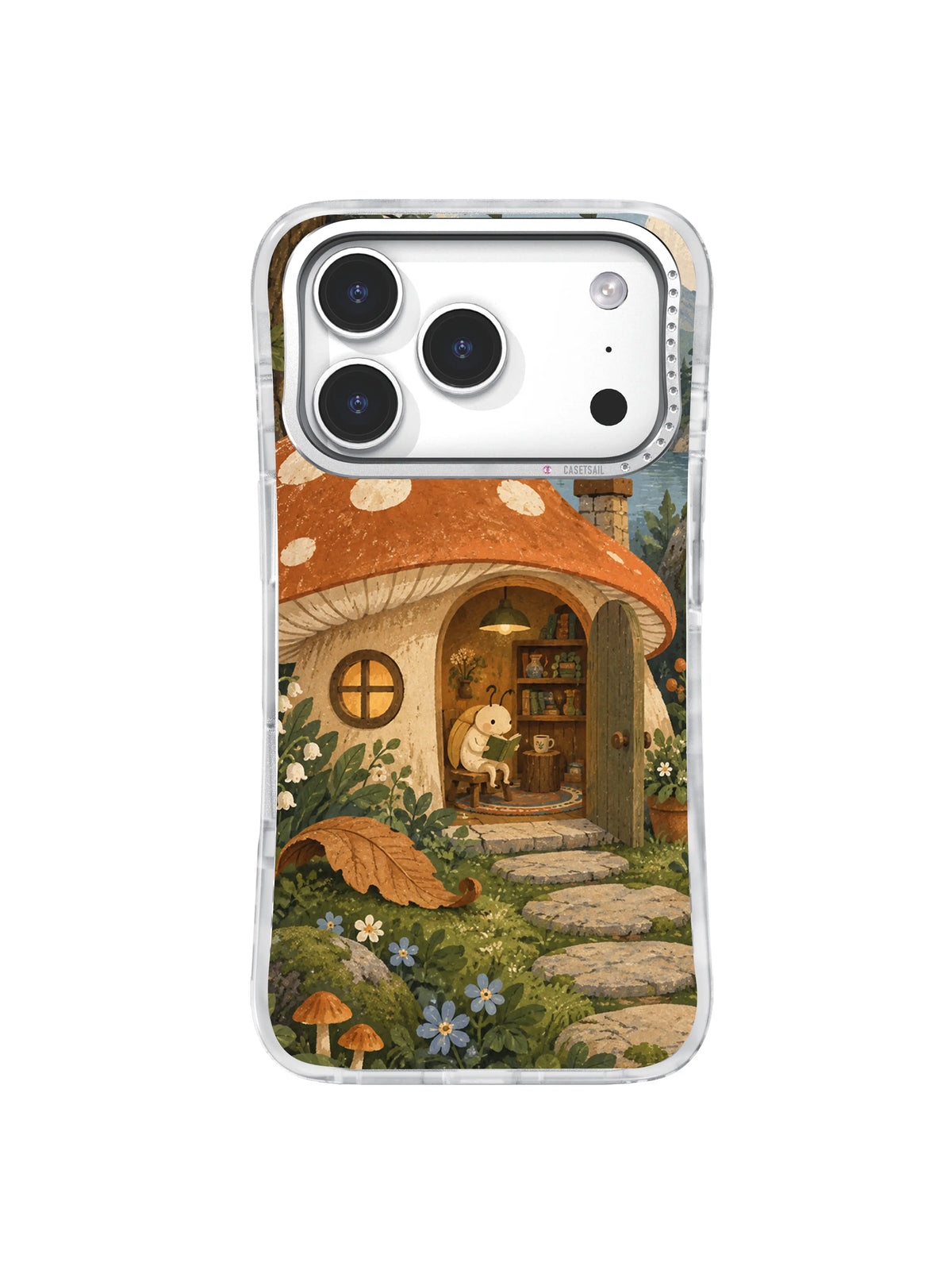 Cream beetle beside a tiny shelf beneath a terracotta mushroom cap on an iPhone 17 Pro case