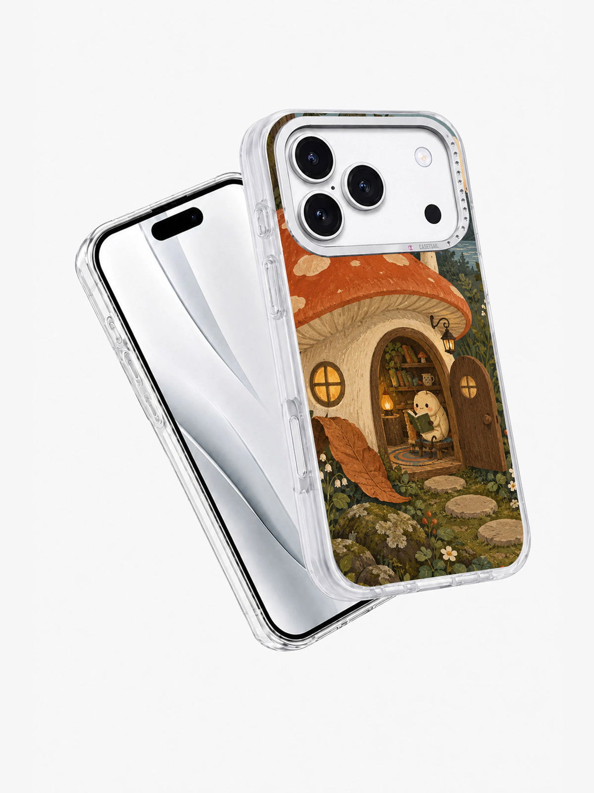 Angled front and back view of the Reading Room Under the Cap white phone case