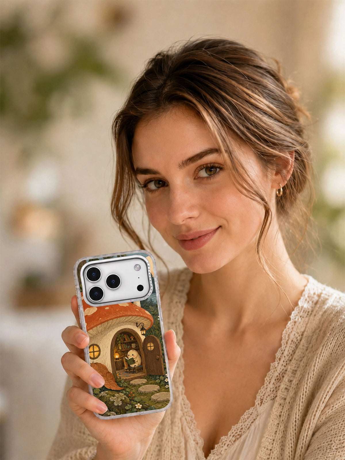 Lifestyle portrait holding the Reading Room Under the Cap white iPhone 17 Pro case
