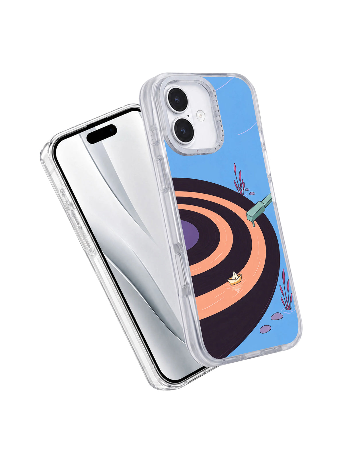 Angled front and back view of The Record That Became a Pond transparent iPhone case